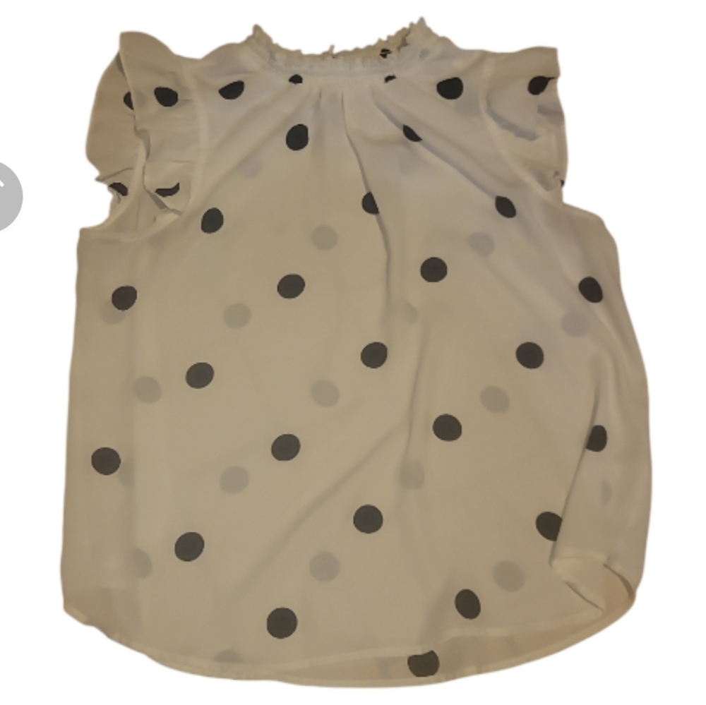 Tempted Los Angeles black white polka dot ruffled sleeveless blouse top L